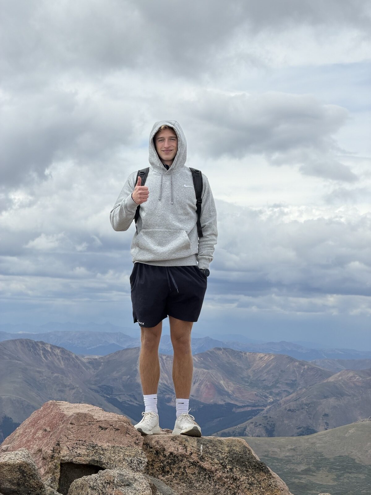 Roanin Podkin on the summit of Mt Bierstadt, thumbs up, 29 August 2026